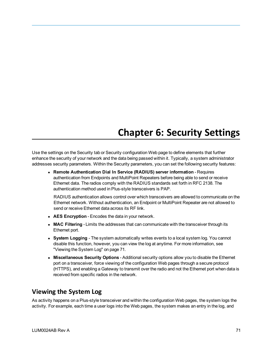 Chapter 6: security settings, Viewing the system log | Baseline Systems FreeWave Ethernet Radio User Manual | Page 87 / 160