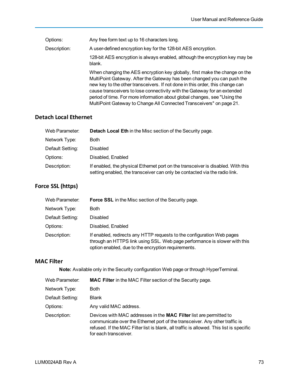 Detach local ethernet, Force ssl (https), Mac filter | Baseline Systems FreeWave Ethernet Radio User Manual | Page 89 / 160