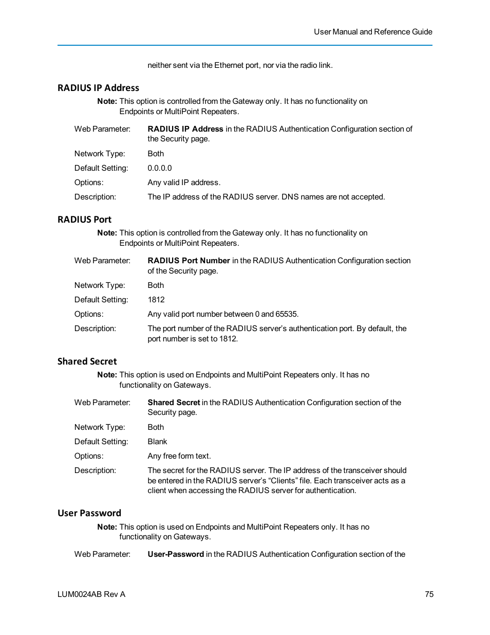 Radius ip address, Radius port, Shared secret | User password | Baseline Systems FreeWave Ethernet Radio User Manual | Page 91 / 160