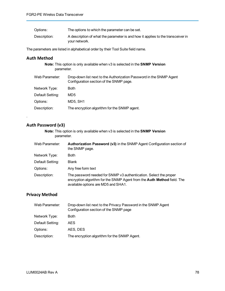 Auth method, Auth password (v3), Privacy method | Baseline Systems FreeWave Ethernet Radio User Manual | Page 94 / 160
