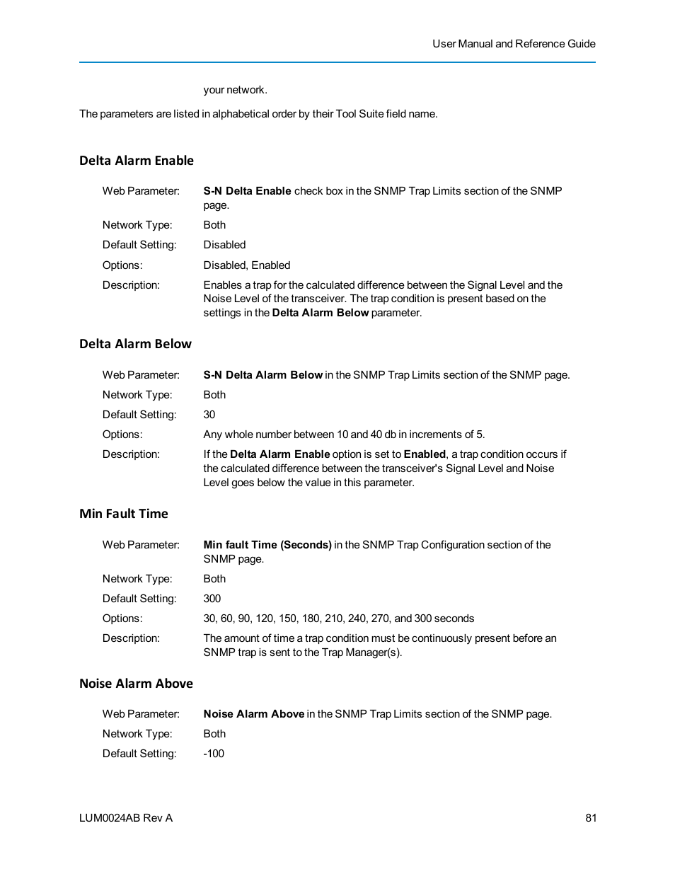 Delta alarm enable, Delta alarm below, Min fault time | Noise alarm above | Baseline Systems FreeWave Ethernet Radio User Manual | Page 97 / 160