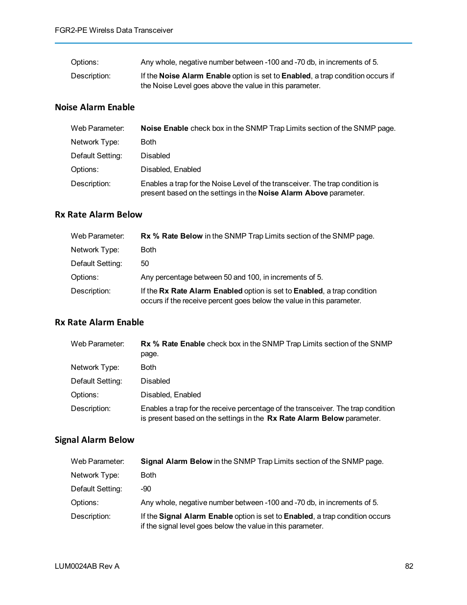 Noise alarm enable, Rx rate alarm below, Rx rate alarm enable | Signal alarm below | Baseline Systems FreeWave Ethernet Radio User Manual | Page 98 / 160