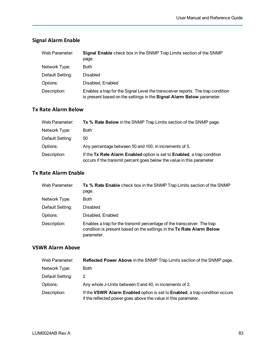 Signal alarm enable, Tx rate alarm below, Tx rate alarm enable | Vswr alarm above | Baseline Systems FreeWave Ethernet Radio User Manual | Page 99 / 160