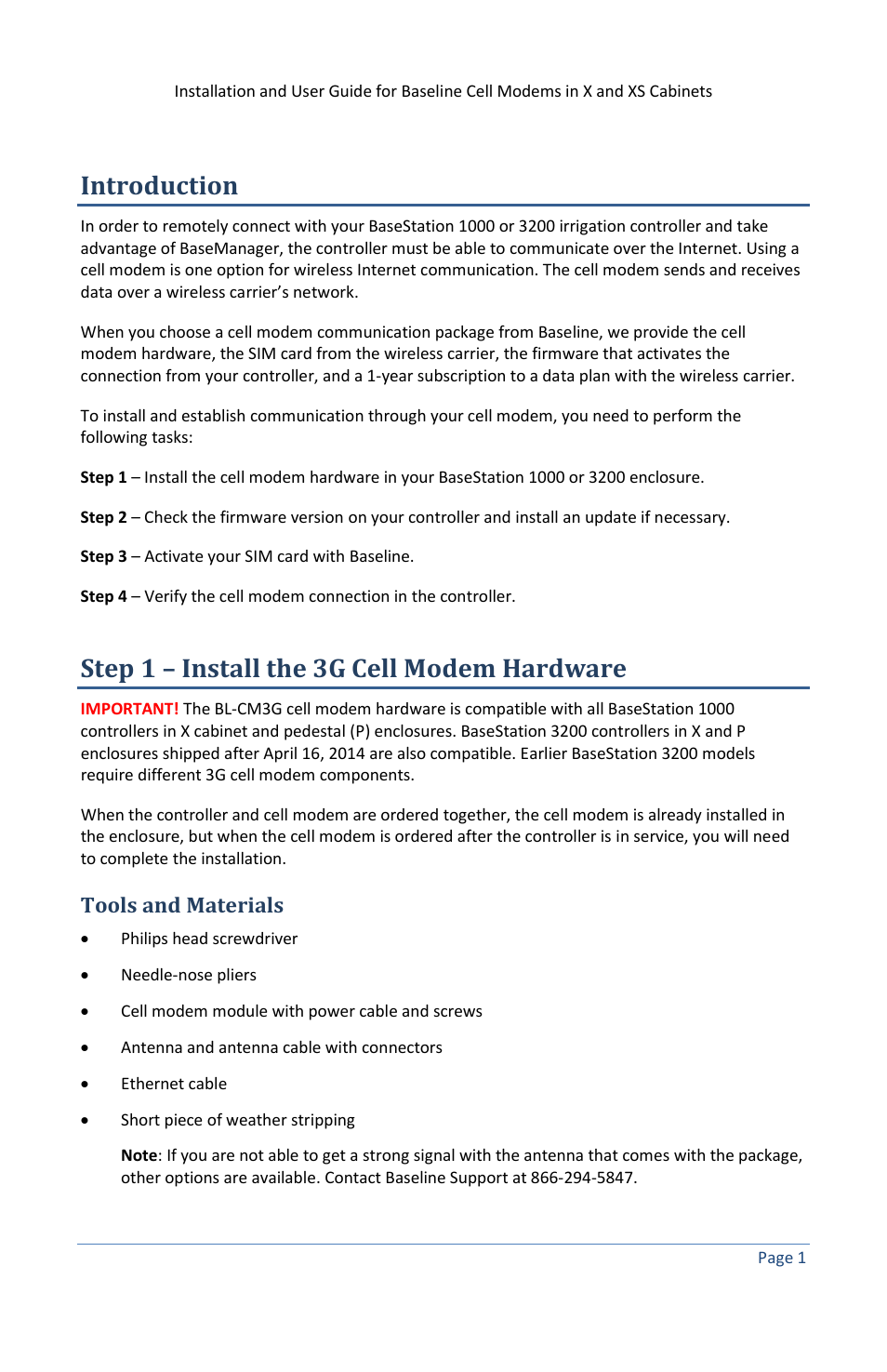 Introduction, Step 1 – install the 3g cell modem hardware, Tools and materials | Baseline Systems BaseStation 3200 in X Cabinet User Manual | Page 5 / 14