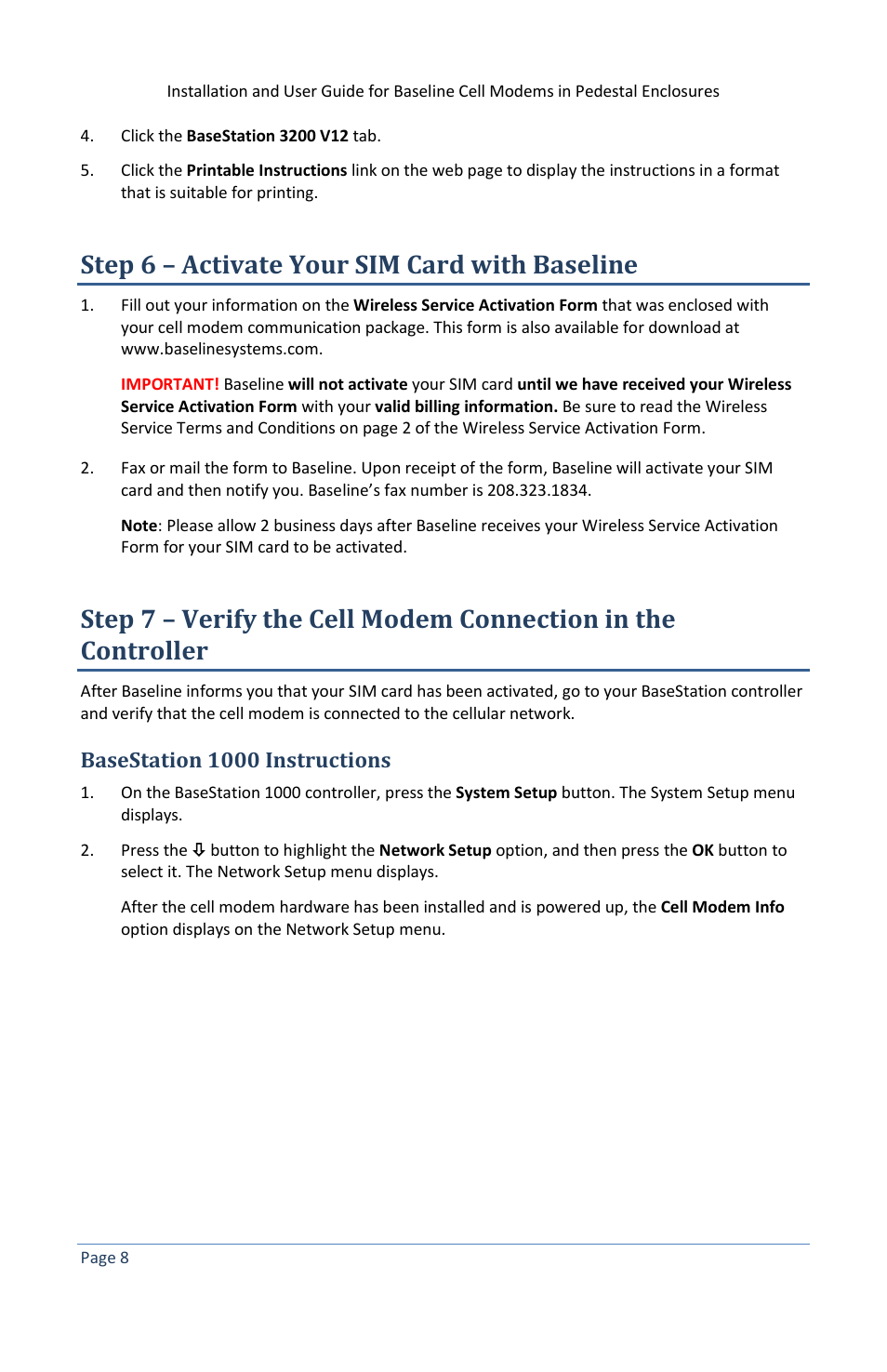Step 6 – activate your sim card with baseline, Basestation 1000 instructions | Baseline Systems BaseStation 3200 in Pedestal User Manual | Page 12 / 16