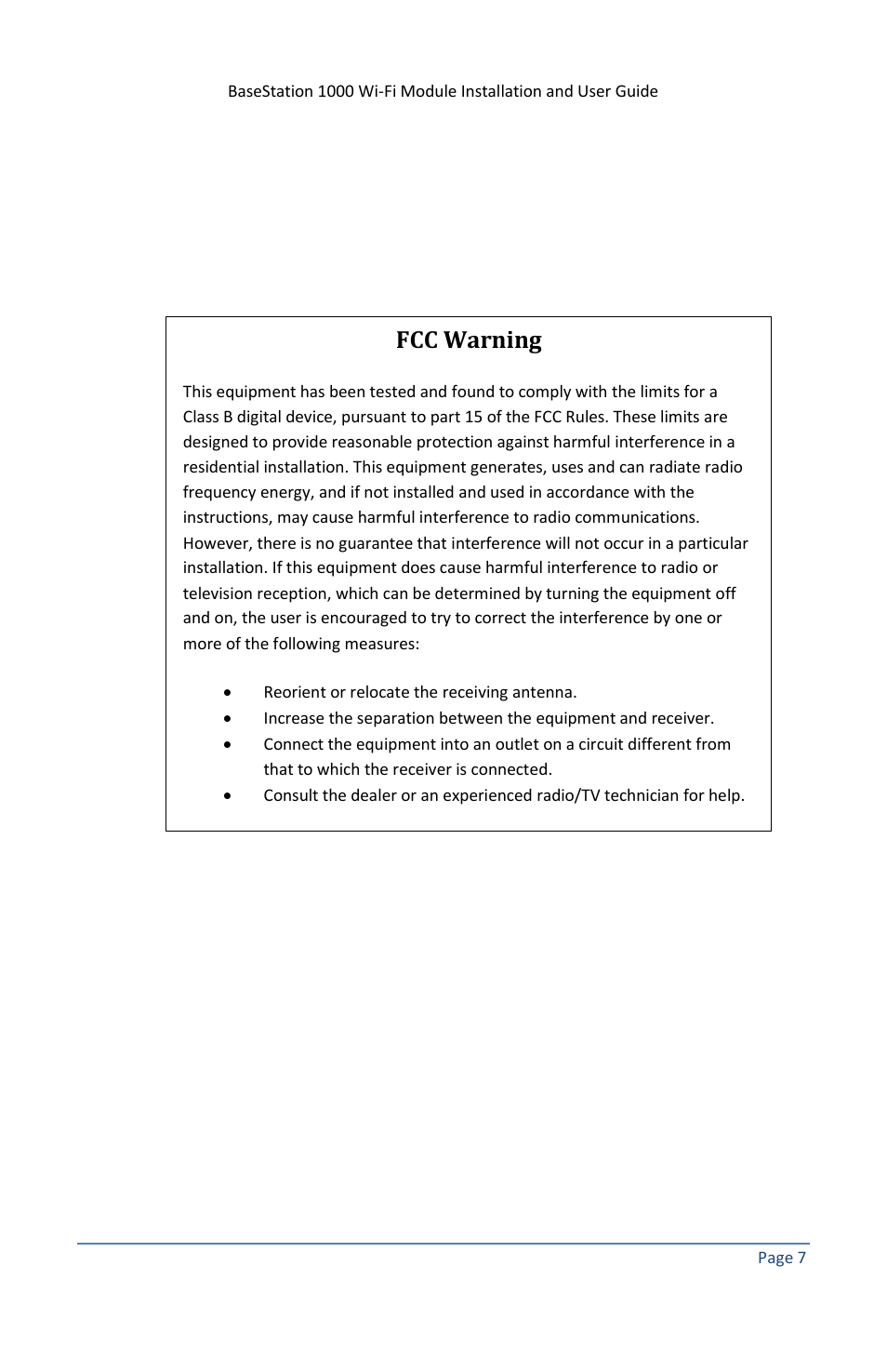 Fcc warning | Baseline Systems BaseStation 1000 User Manual | Page 11 / 11