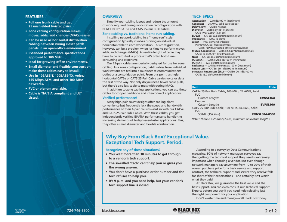 2 of 2, Features, Overview | Tech specs | Black Box CAT5E User Manual | Page 2 / 2
