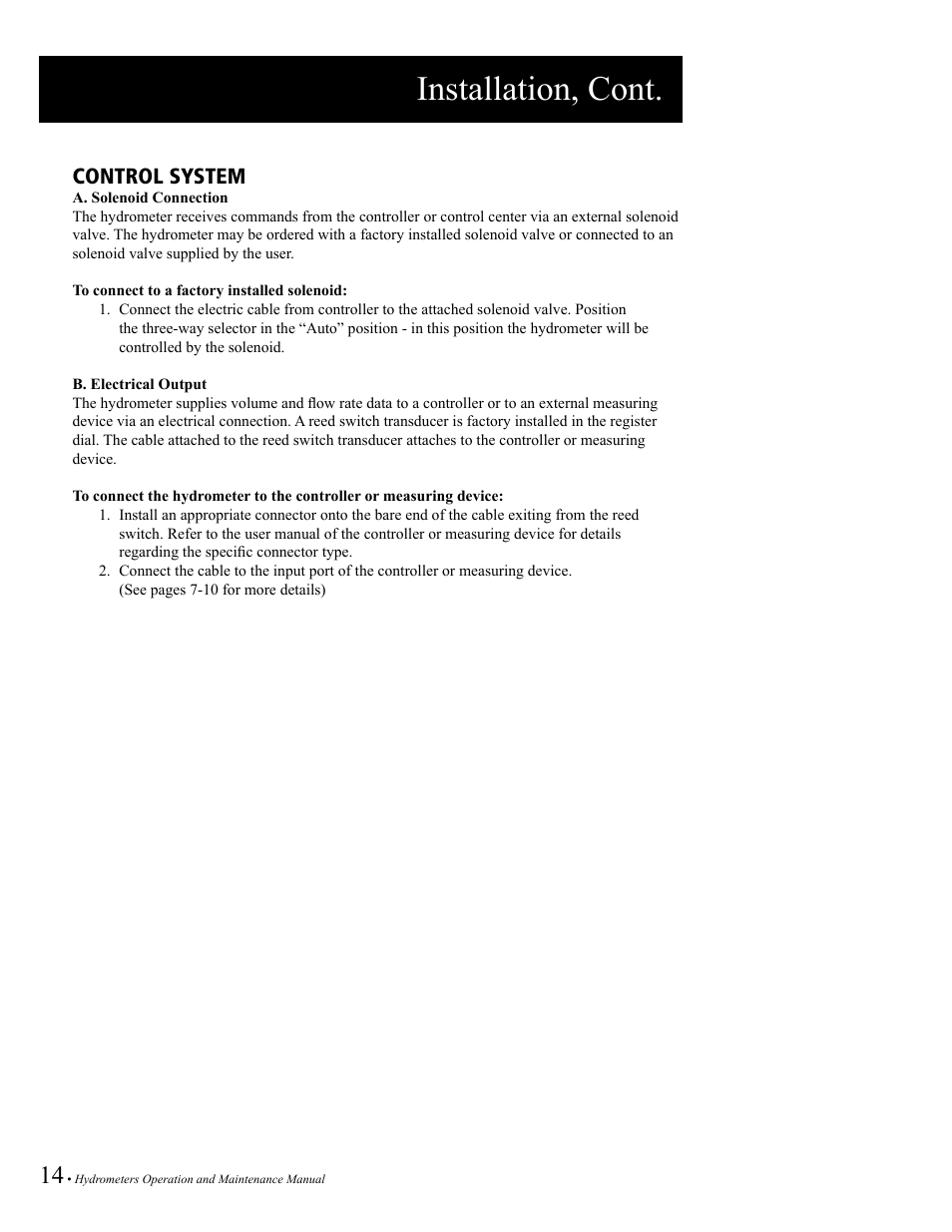 Installation, cont, Control system | Baseline Systems BHM Series Hydrometer User Manual | Page 14 / 52