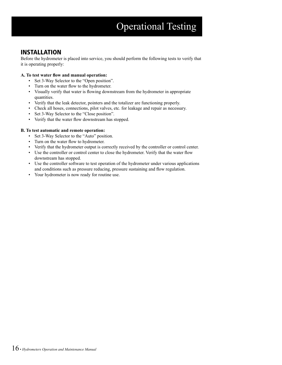 Operational testing, Installation | Baseline Systems BHM Series Hydrometer User Manual | Page 16 / 52