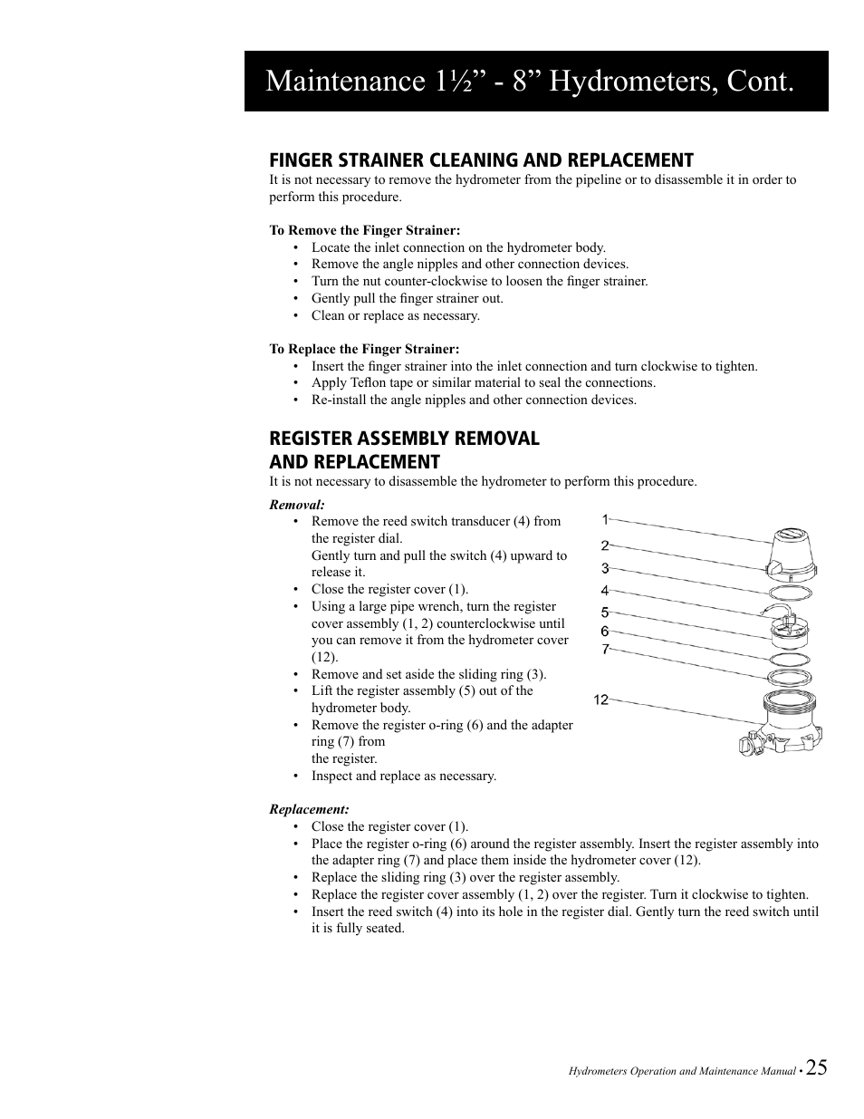 Maintenance 1½” - 8” hydrometers, cont, Finger strainer cleaning and replacement, Register assembly removal and replacement | Baseline Systems BHM Series Hydrometer User Manual | Page 25 / 52