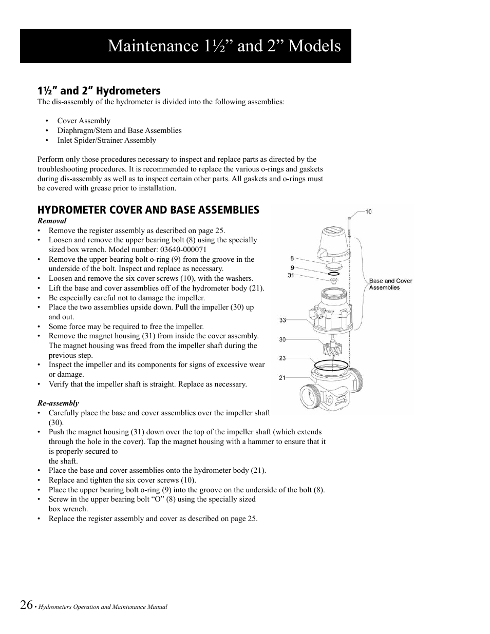 Maintenance 1½” and 2” models, 1½” and 2” hydrometers, Hydrometer cover and base assemblies | Baseline Systems BHM Series Hydrometer User Manual | Page 26 / 52