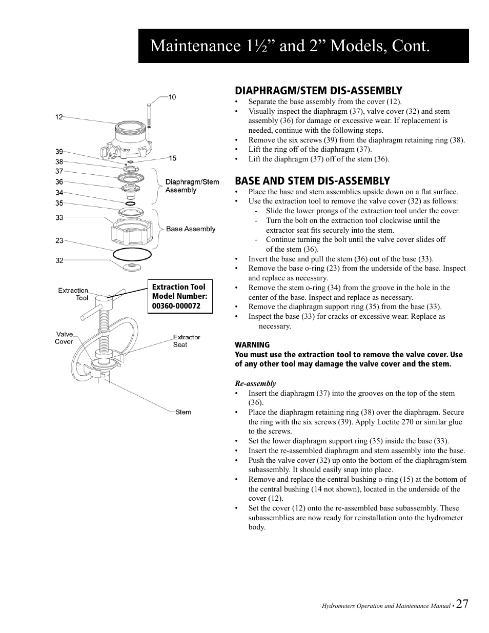 Maintenance 1½” and 2” models, cont, Diaphragm/stem dis-assembly, Base and stem dis-assembly | Baseline Systems BHM Series Hydrometer User Manual | Page 27 / 52