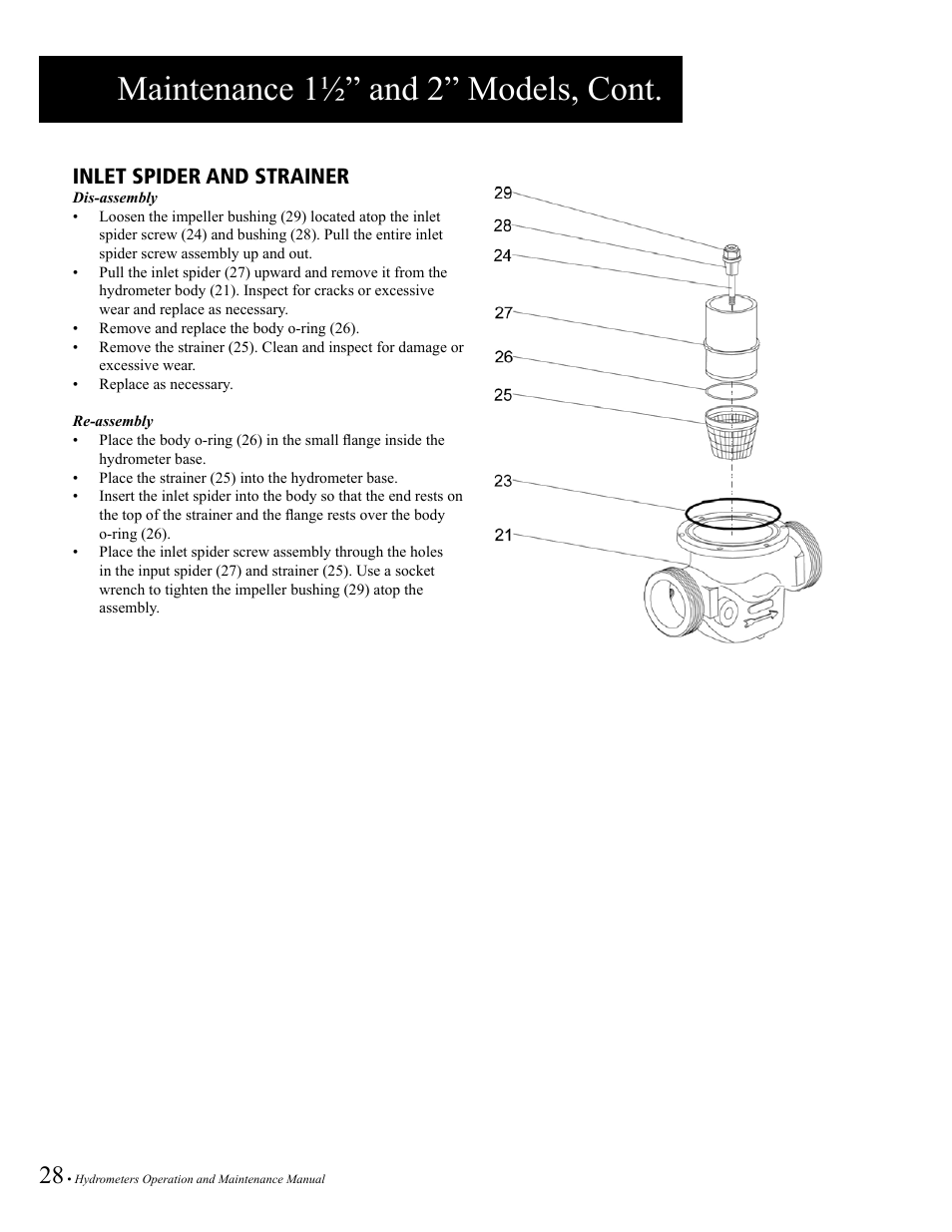 Maintenance 1½” and 2” models, cont, Inlet spider and strainer | Baseline Systems BHM Series Hydrometer User Manual | Page 28 / 52