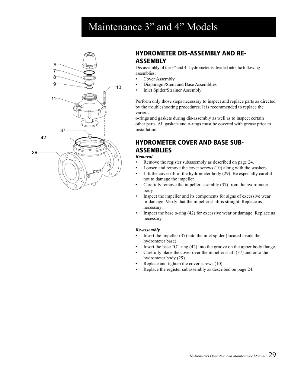 Maintenance 3” and 4” models, Hydrometer dis-assembly and re- assembly, Hydrometer cover and base sub- assemblies | Baseline Systems BHM Series Hydrometer User Manual | Page 29 / 52