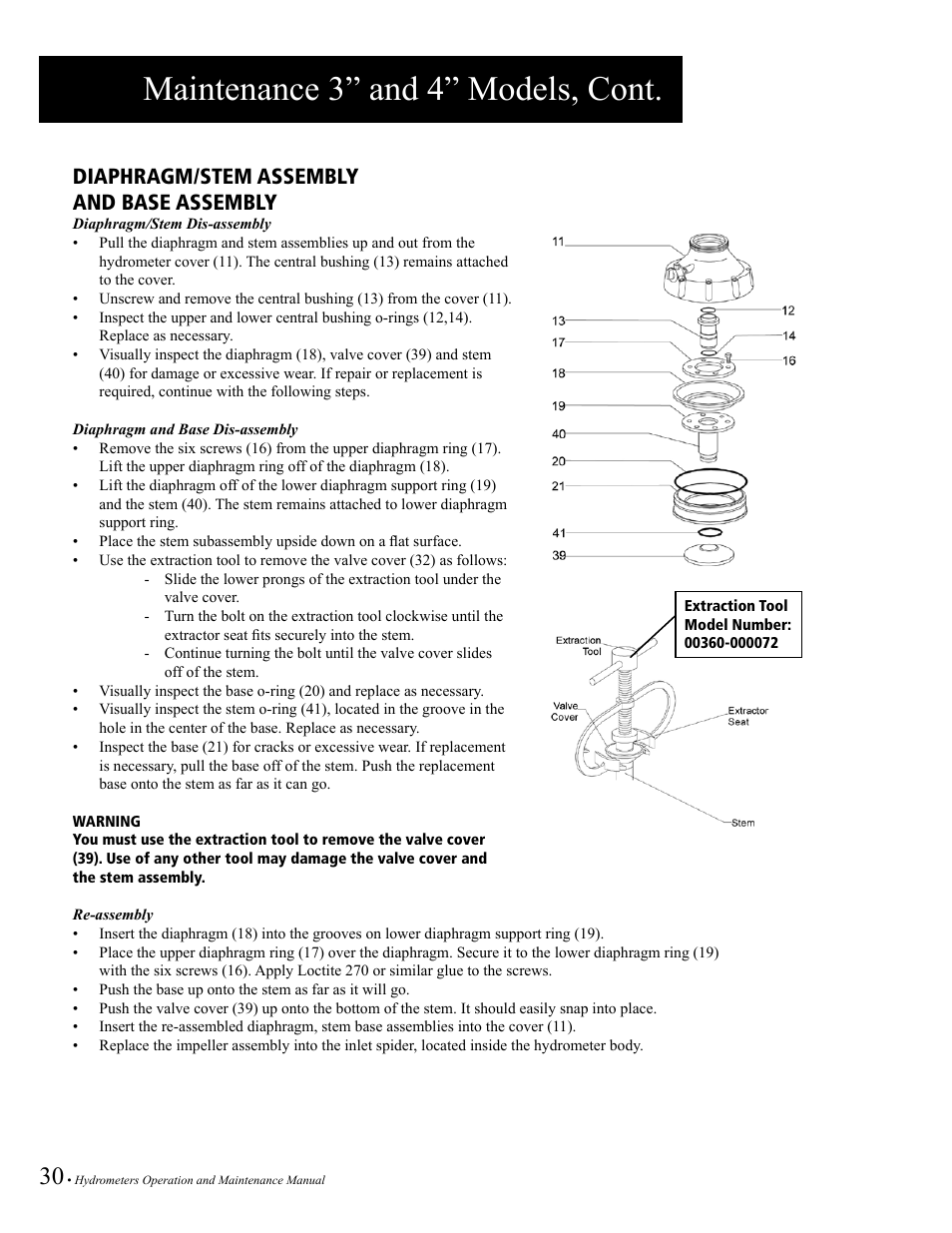 Maintenance 3” and 4” models, cont, Diaphragm/stem assembly and base assembly | Baseline Systems BHM Series Hydrometer User Manual | Page 30 / 52