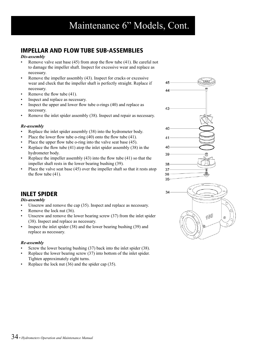 Maintenance 6” models, cont, Impellar and flow tube sub-assemblies, Inlet spider | Baseline Systems BHM Series Hydrometer User Manual | Page 34 / 52