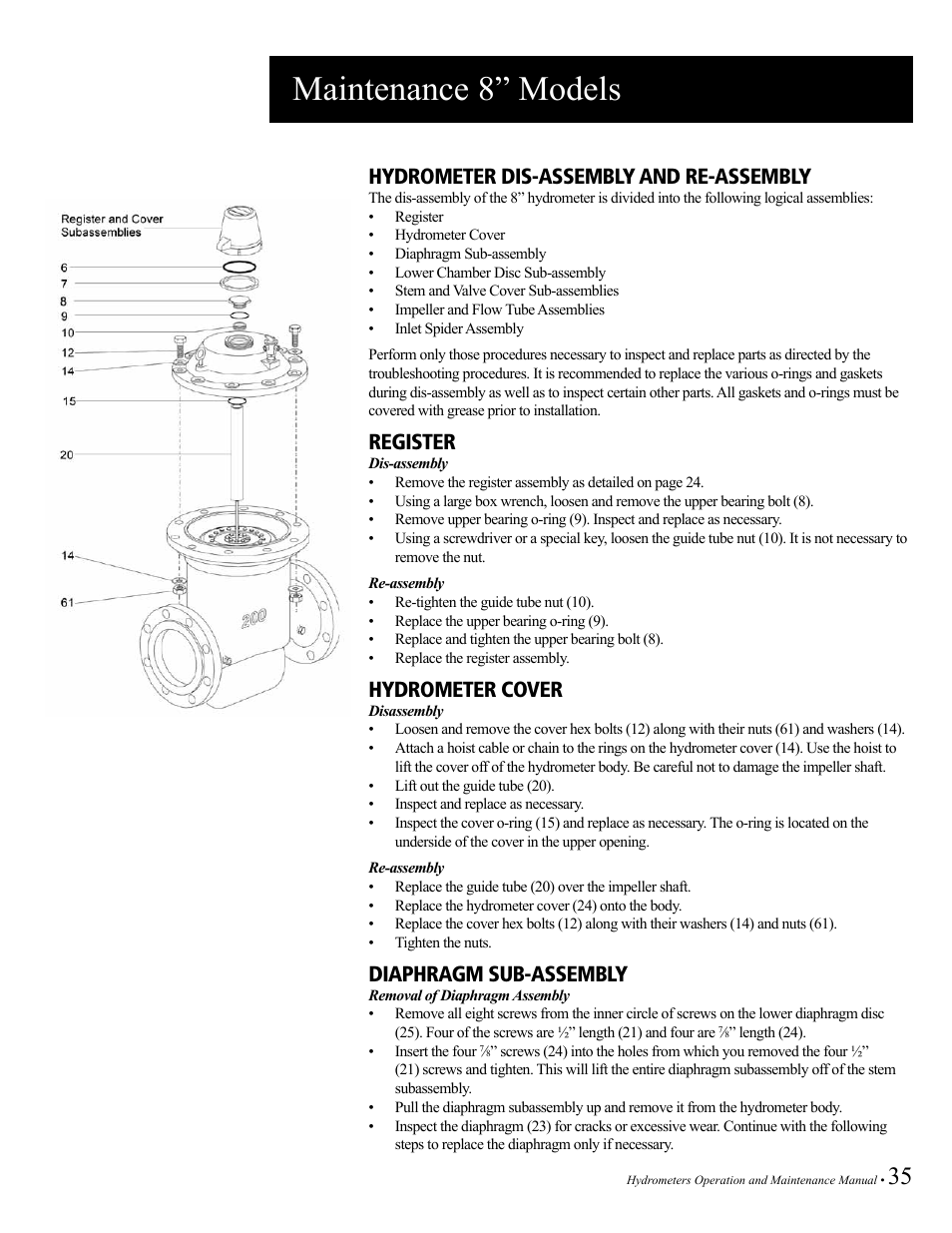 Maintenance 8” models, Hydrometer dis-assembly and re-assembly, Register | Hydrometer cover, Diaphragm sub-assembly | Baseline Systems BHM Series Hydrometer User Manual | Page 35 / 52