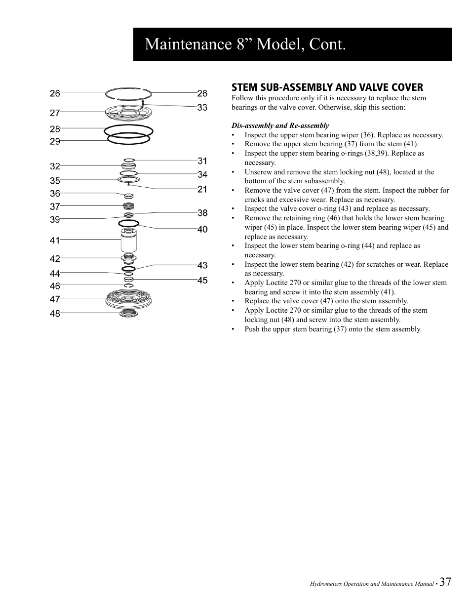 Maintenance 8” model, cont, Stem sub-assembly and valve cover | Baseline Systems BHM Series Hydrometer User Manual | Page 37 / 52