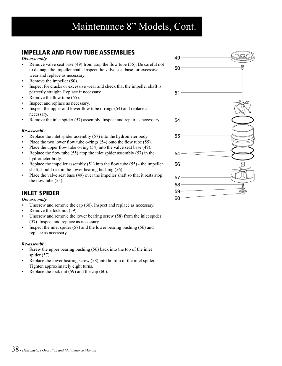 Maintenance 8” models, cont, Impellar and flow tube assemblies, Inlet spider | Baseline Systems BHM Series Hydrometer User Manual | Page 38 / 52