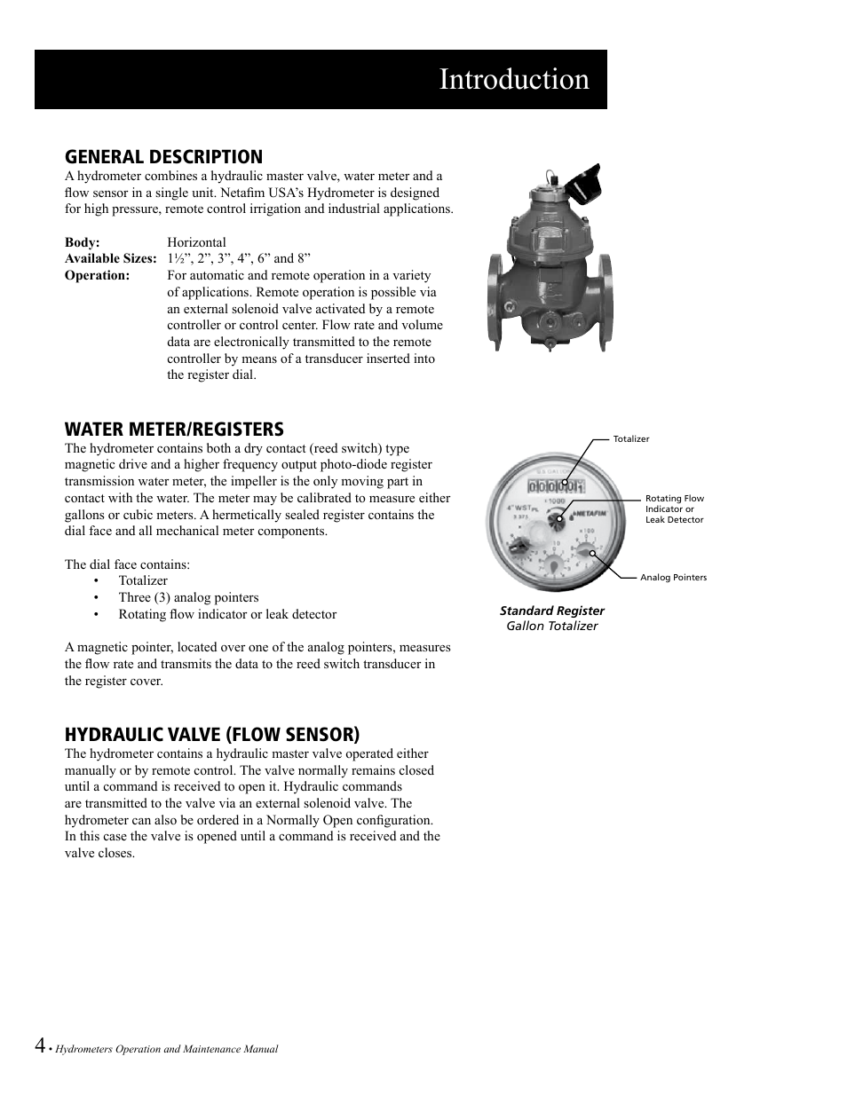 Introduction, General description, Water meter/registers | Hydraulic valve (flow sensor) | Baseline Systems BHM Series Hydrometer User Manual | Page 4 / 52