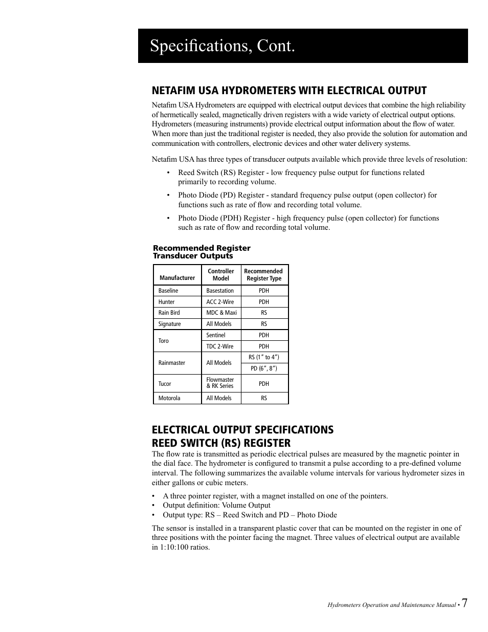 Specifications, cont, Netafim usa hydrometers with electrical output | Baseline Systems BHM Series Hydrometer User Manual | Page 7 / 52