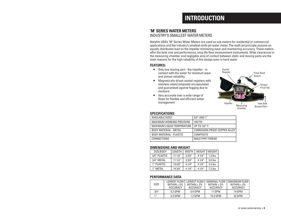 Introduction, M’ series water meters, Industry’s smallest water meters | Baseline Systems BFM Series Flow Meter User Manual | Page 2 / 8
