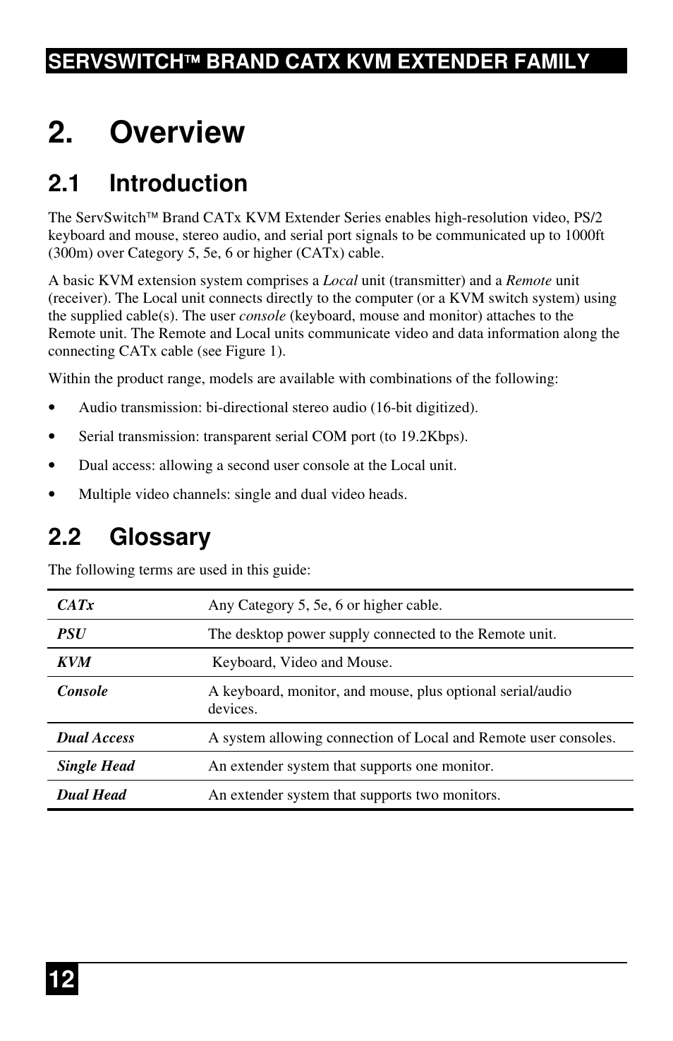 Overview, 1 introduction, 2 glossary | Servswitch brand catx kvm extender family | Black Box ACU2222A User Manual | Page 13 / 66