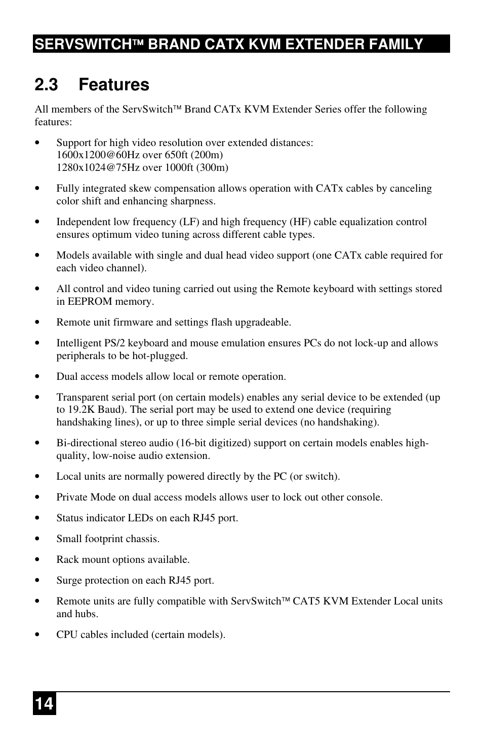 14 2.3 features, Servswitch brand catx kvm extender family | Black Box ACU2222A User Manual | Page 15 / 66