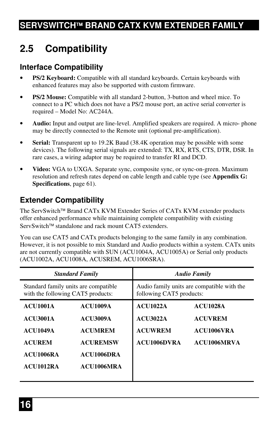 16 2.5 compatibility, Servswitch brand catx kvm extender family, Interface compatibility | Extender compatibility | Black Box ACU2222A User Manual | Page 17 / 66