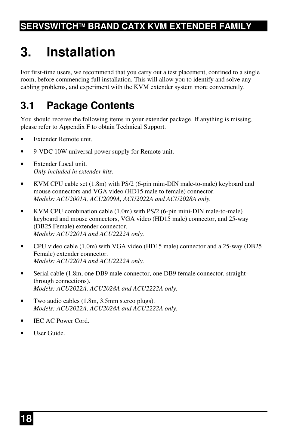 Installation, 1 package contents, Servswitch brand catx kvm extender family | Black Box ACU2222A User Manual | Page 19 / 66