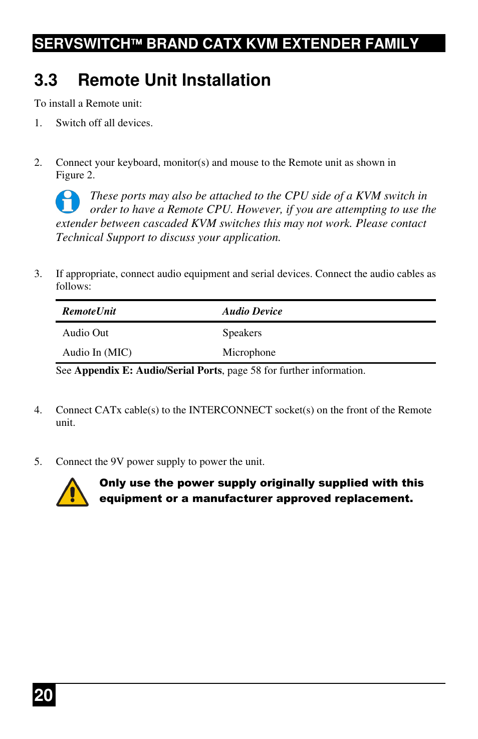 20 3.3 remote unit installation, Servswitch brand catx kvm extender family | Black Box ACU2222A User Manual | Page 21 / 66