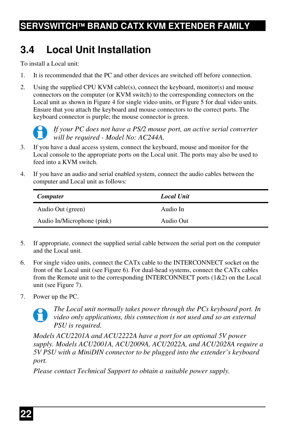 22 3.4 local unit installation, Servswitch brand catx kvm extender family | Black Box ACU2222A User Manual | Page 23 / 66