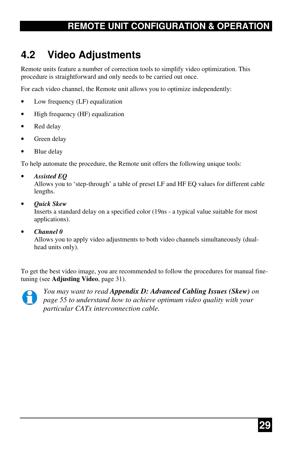 29 4.2 video adjustments, Remote unit configuration & operation | Black Box ACU2222A User Manual | Page 30 / 66