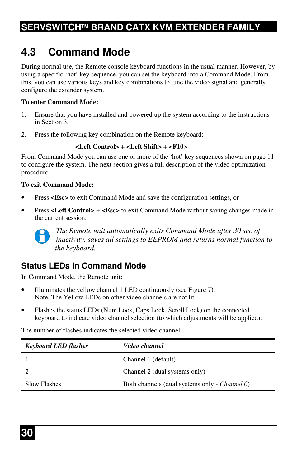 30 4.3 command mode, Servswitch brand catx kvm extender family, Status leds in command mode | Black Box ACU2222A User Manual | Page 31 / 66