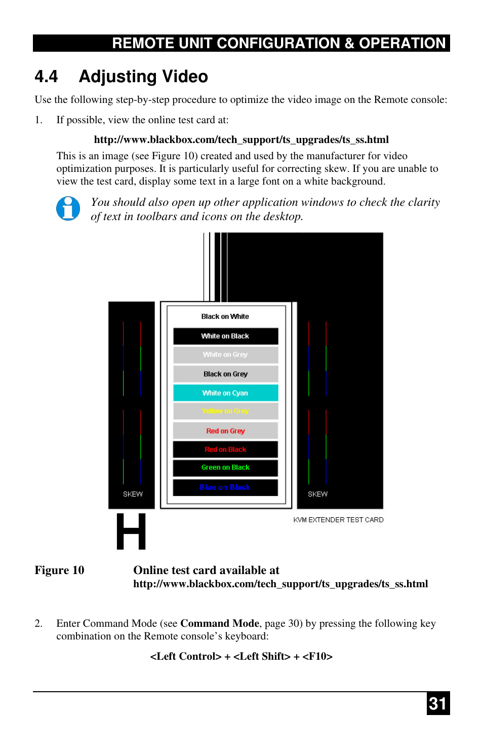 31 4.4 adjusting video, Remote unit configuration & operation | Black Box ACU2222A User Manual | Page 32 / 66