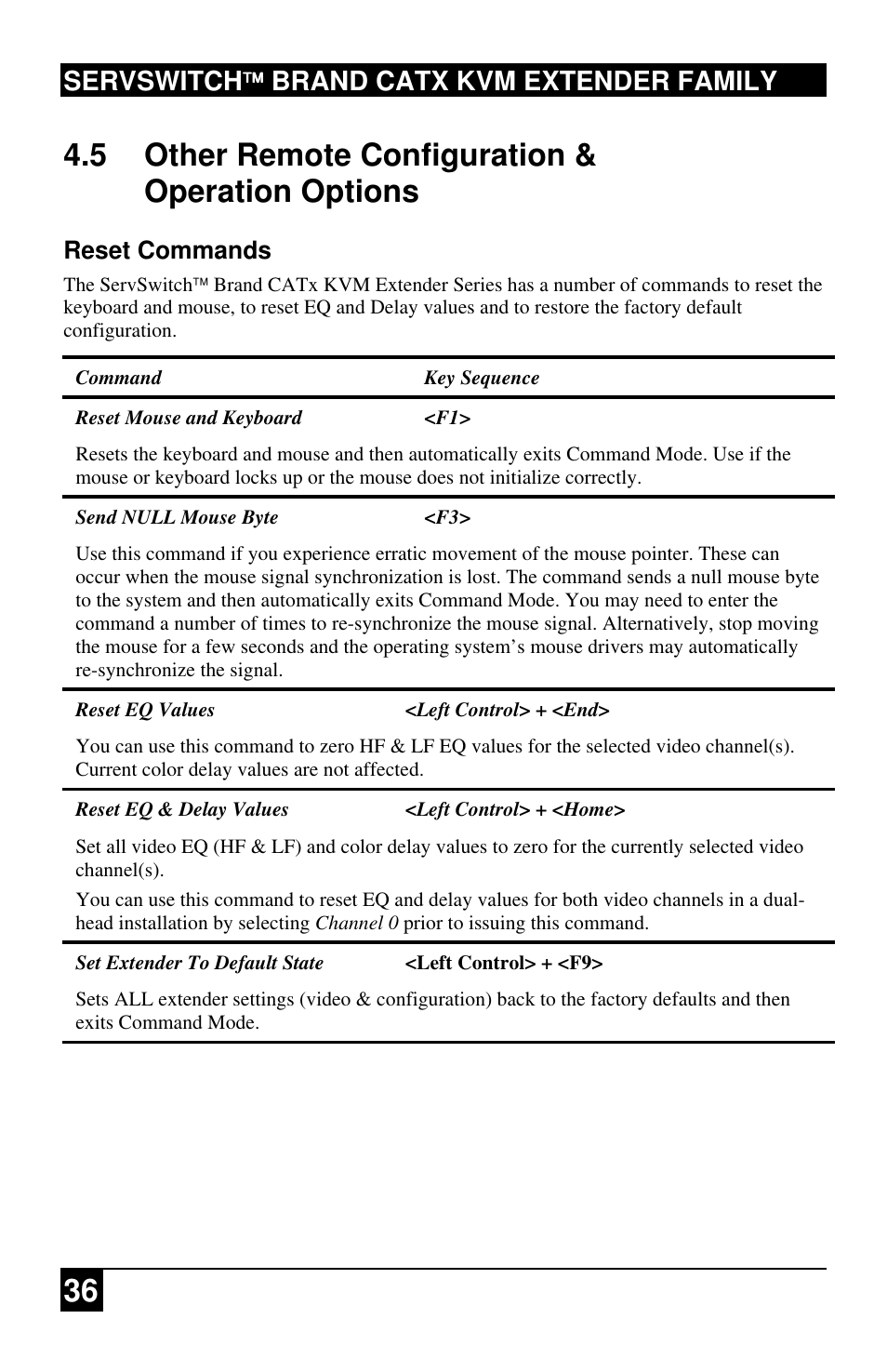 Servswitch brand catx kvm extender family, Reset commands | Black Box ACU2222A User Manual | Page 37 / 66