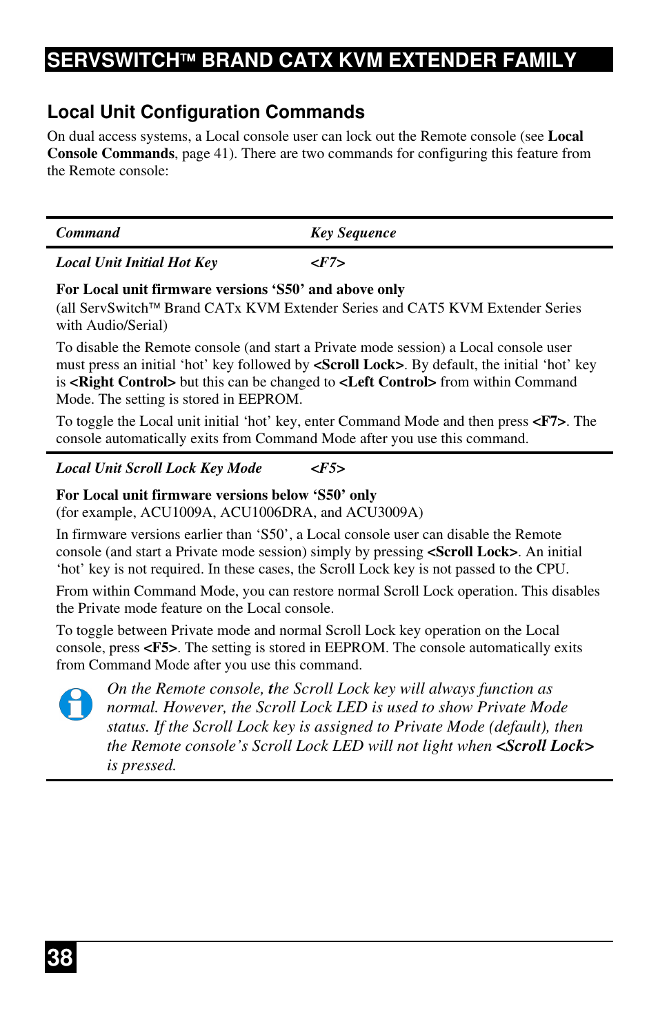 Servswitch brand catx kvm extender family, Local unit configuration commands | Black Box ACU2222A User Manual | Page 39 / 66