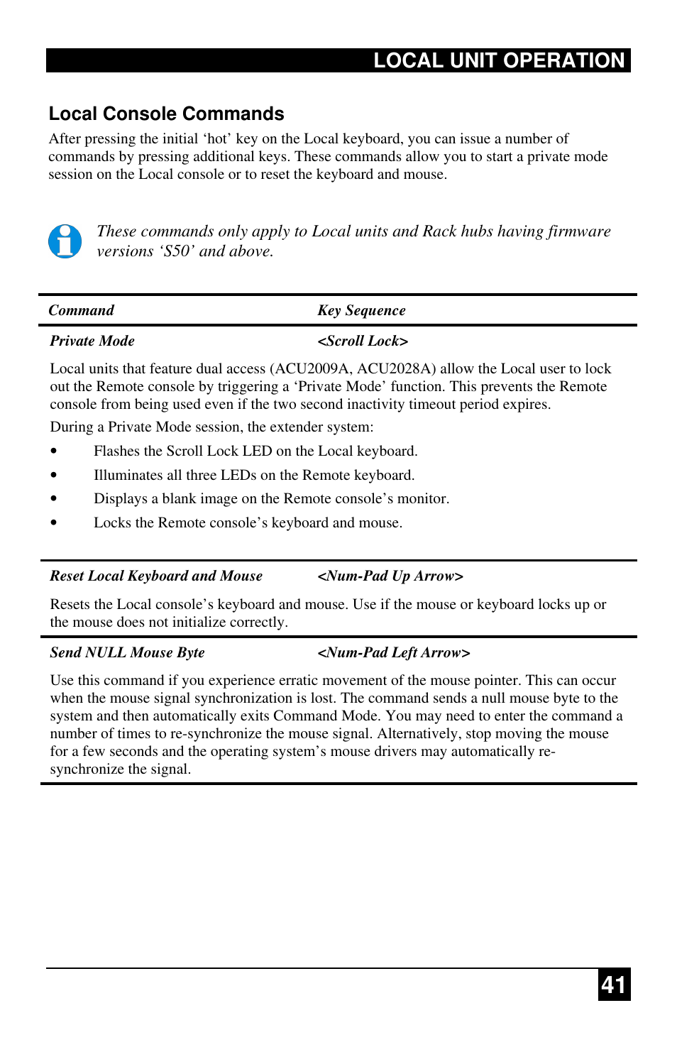 Local unit operation, Local console commands | Black Box ACU2222A User Manual | Page 42 / 66