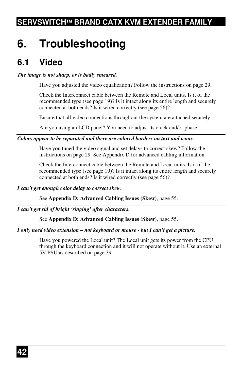 Troubleshooting, 1 video, Servswitch brand catx kvm extender family | Black Box ACU2222A User Manual | Page 43 / 66