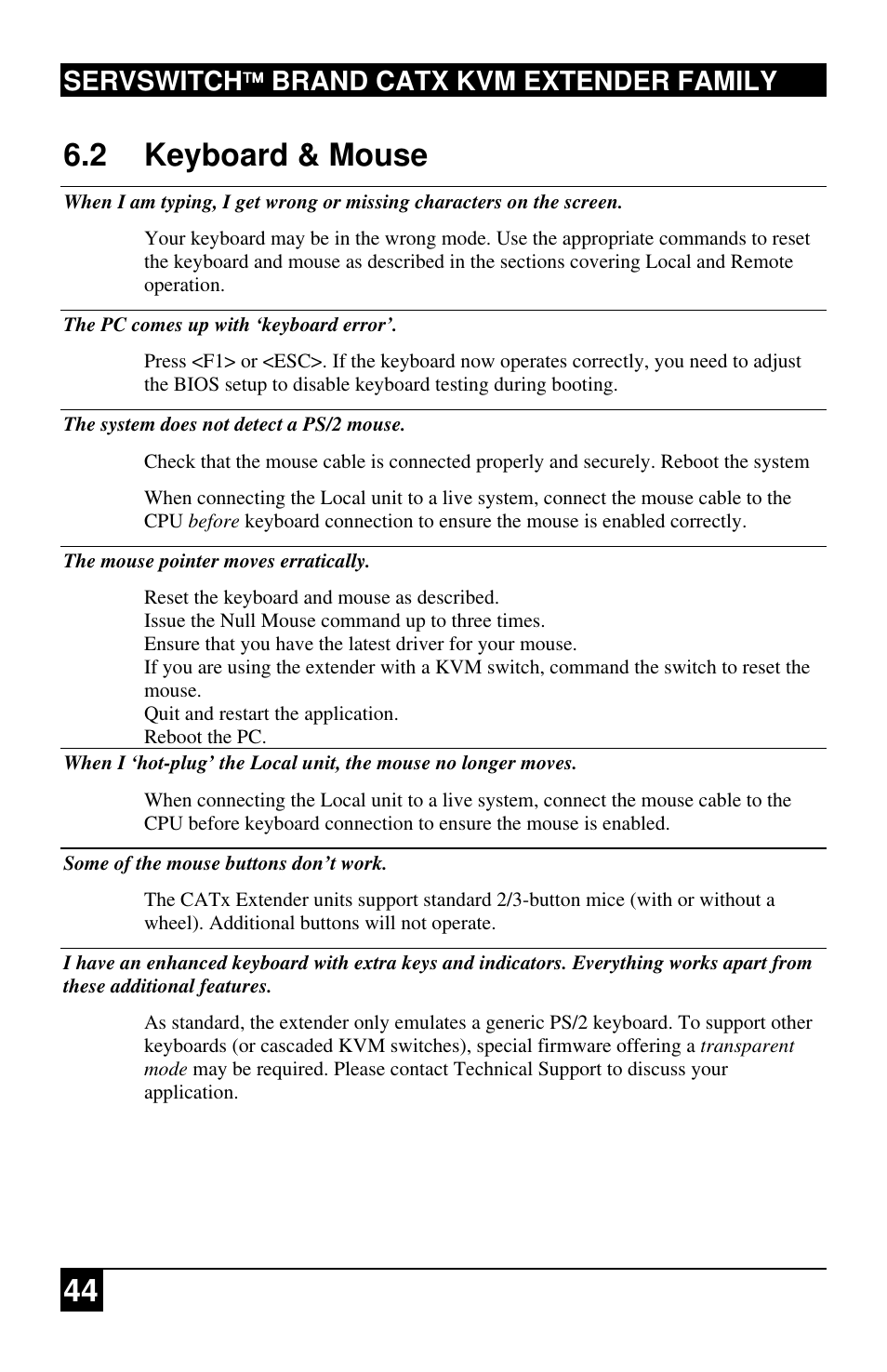 44 6.2 keyboard & mouse, Servswitch brand catx kvm extender family | Black Box ACU2222A User Manual | Page 45 / 66