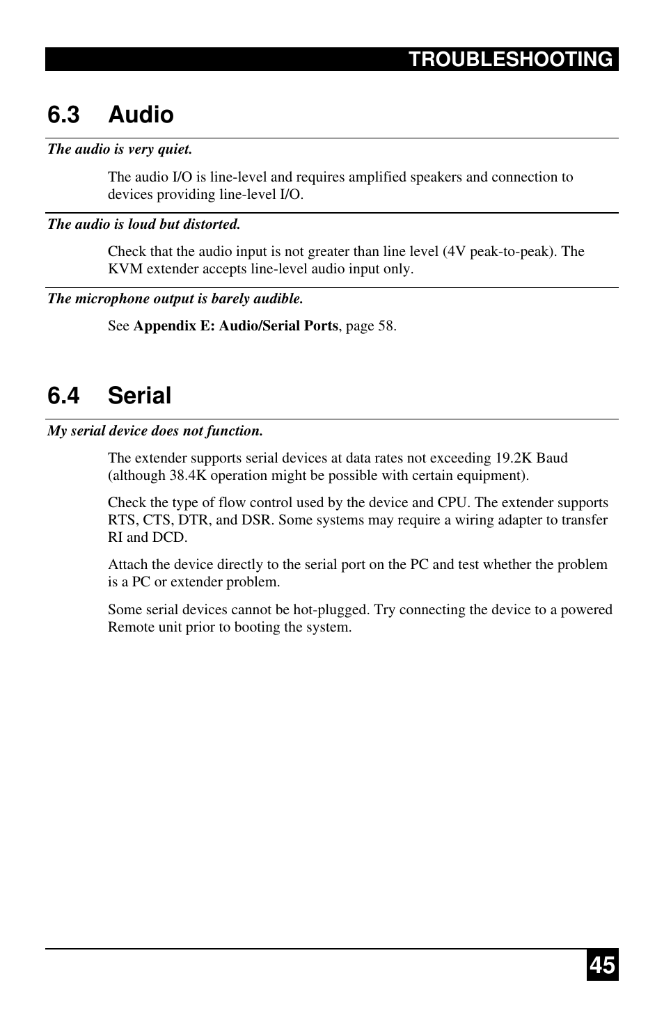 45 6.3 audio, 4 serial, Troubleshooting | Black Box ACU2222A User Manual | Page 46 / 66