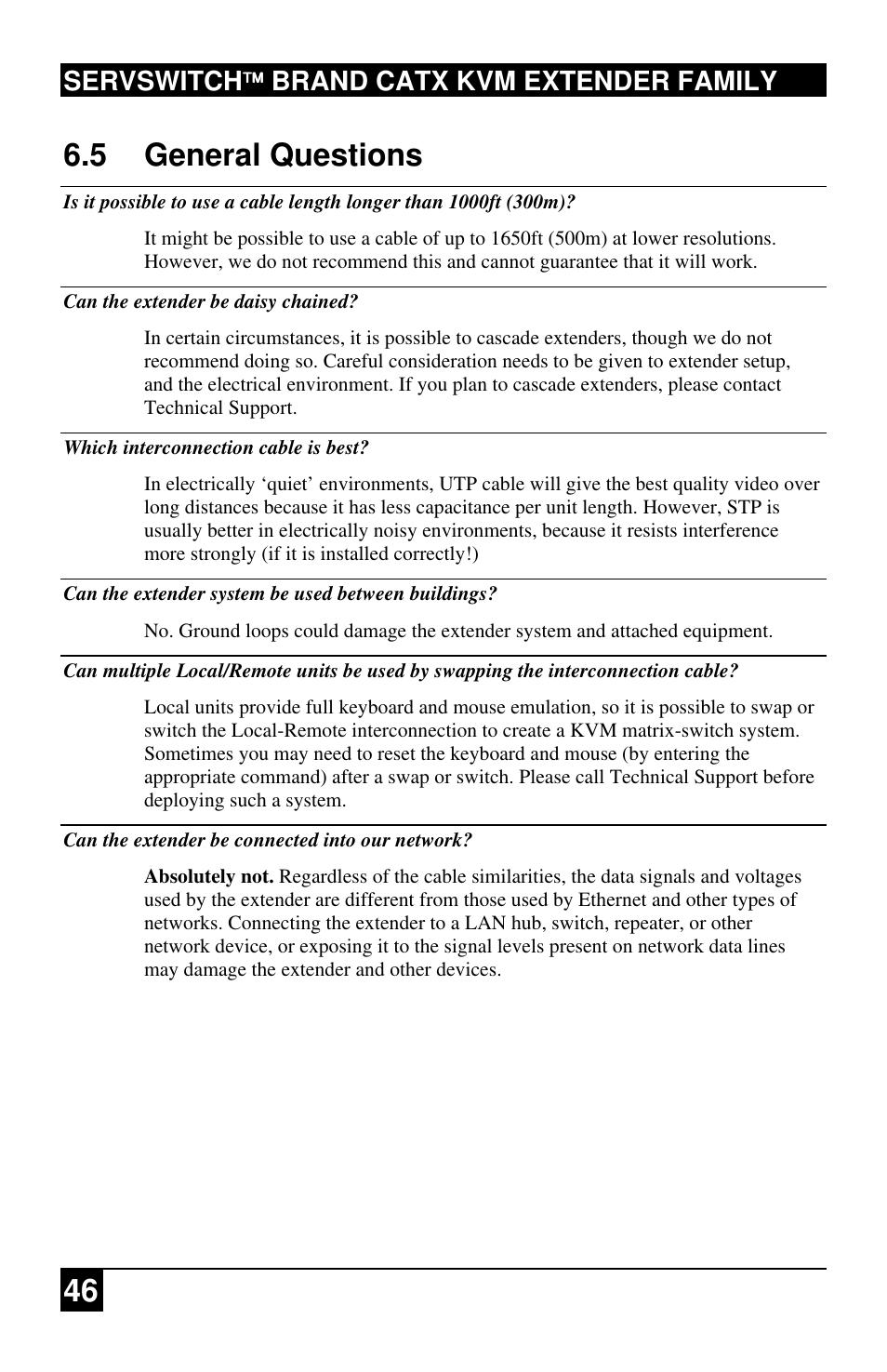 46 6.5 general questions, Servswitch brand catx kvm extender family | Black Box ACU2222A User Manual | Page 47 / 66