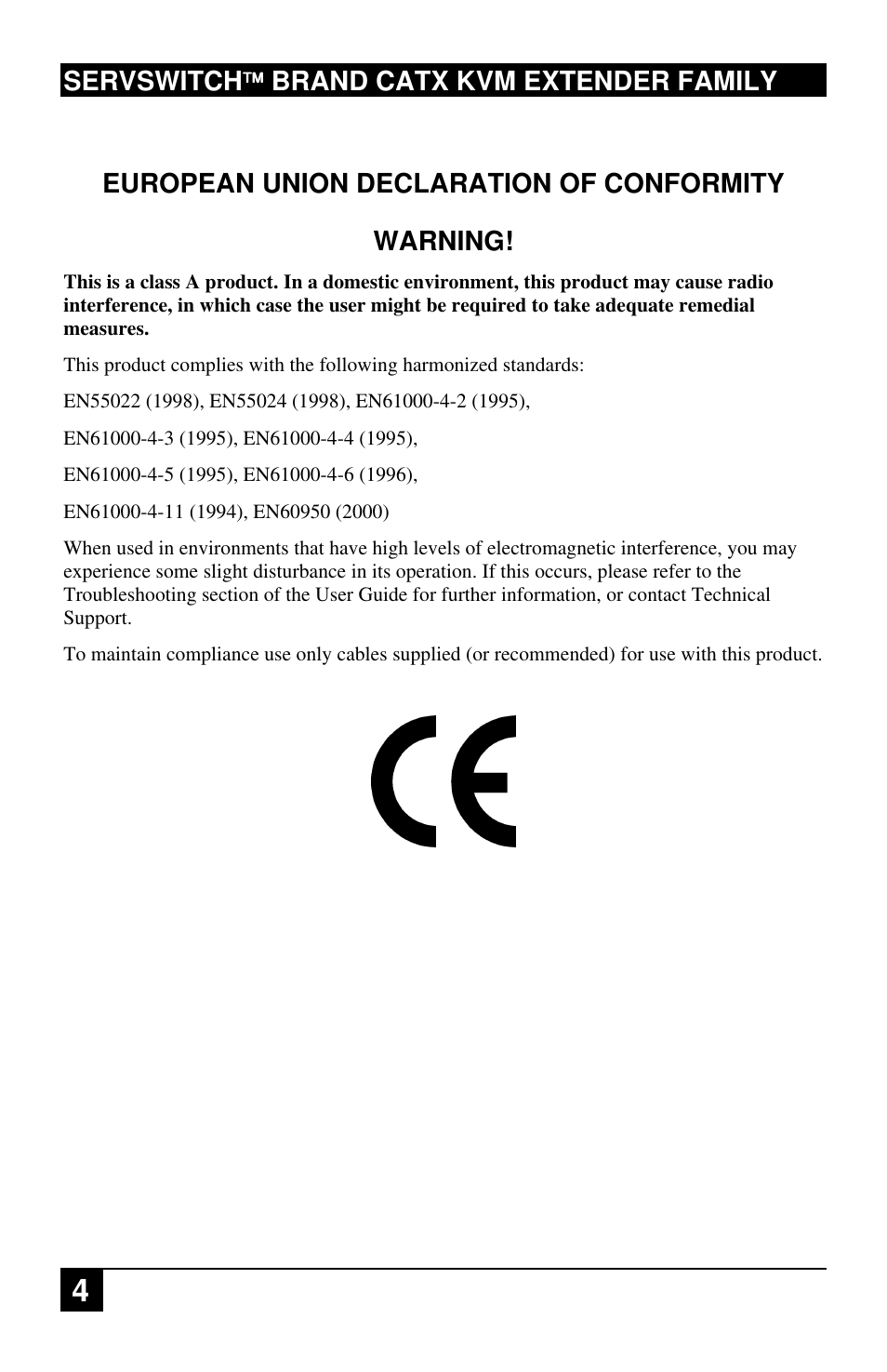 Servswitch brand catx kvm extender family, European union declaration of conformity warning | Black Box ACU2222A User Manual | Page 5 / 66