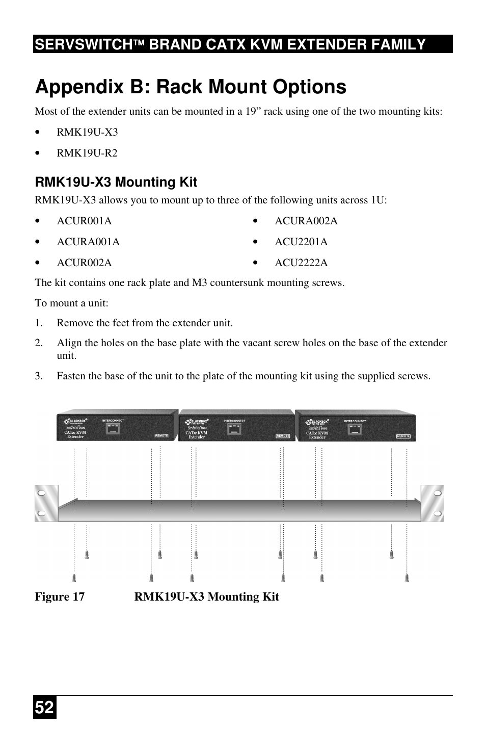 Appendix b: rack mount options, Servswitch brand catx kvm extender family | Black Box ACU2222A User Manual | Page 53 / 66