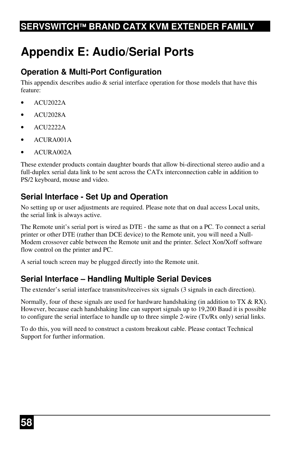 Appendix e: audio/serial ports, Servswitch brand catx kvm extender family | Black Box ACU2222A User Manual | Page 59 / 66