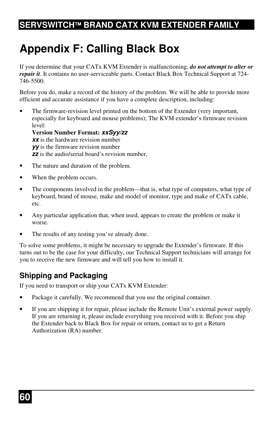 Appendix f: calling black box, Servswitch brand catx kvm extender family, Shipping and packaging | Black Box ACU2222A User Manual | Page 61 / 66