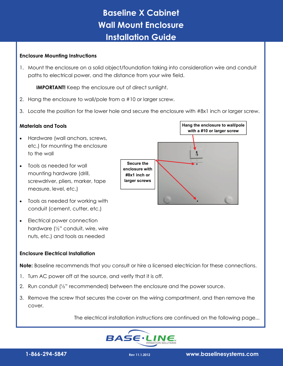Baseline Systems X Cabinet User Manual | 2 pages