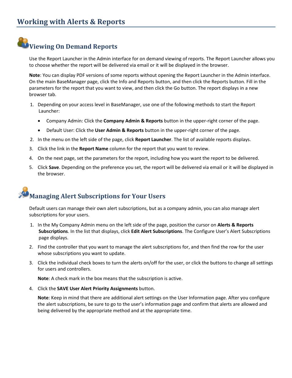 Working with alerts & reports, Viewing on demand reports, Managing alert subscriptions for your users | Managing alert subscriptions | Baseline Systems BaseManager 2.0 User Manual | Page 12 / 32