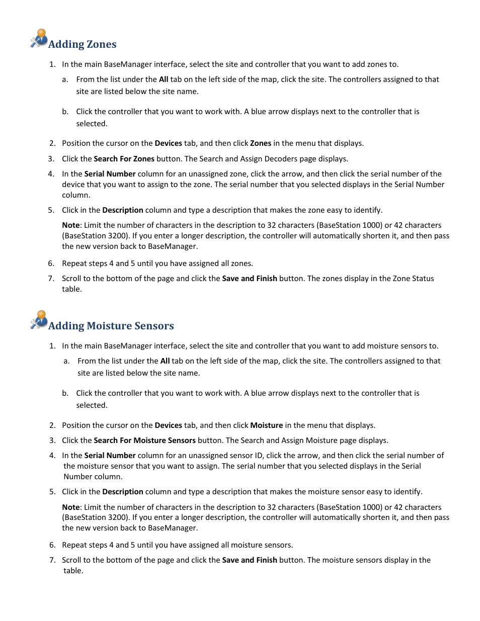 Adding zones, Adding moisture sensors | Baseline Systems BaseManager 2.0 User Manual | Page 14 / 32