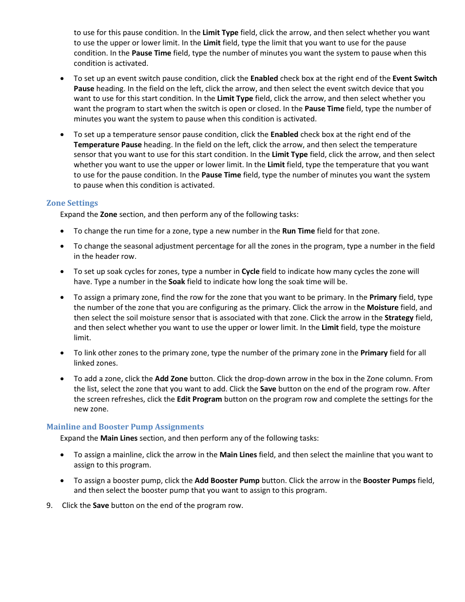 Zone settings, Mainline and booster pump assignments | Baseline Systems BaseManager 2.0 User Manual | Page 20 / 32